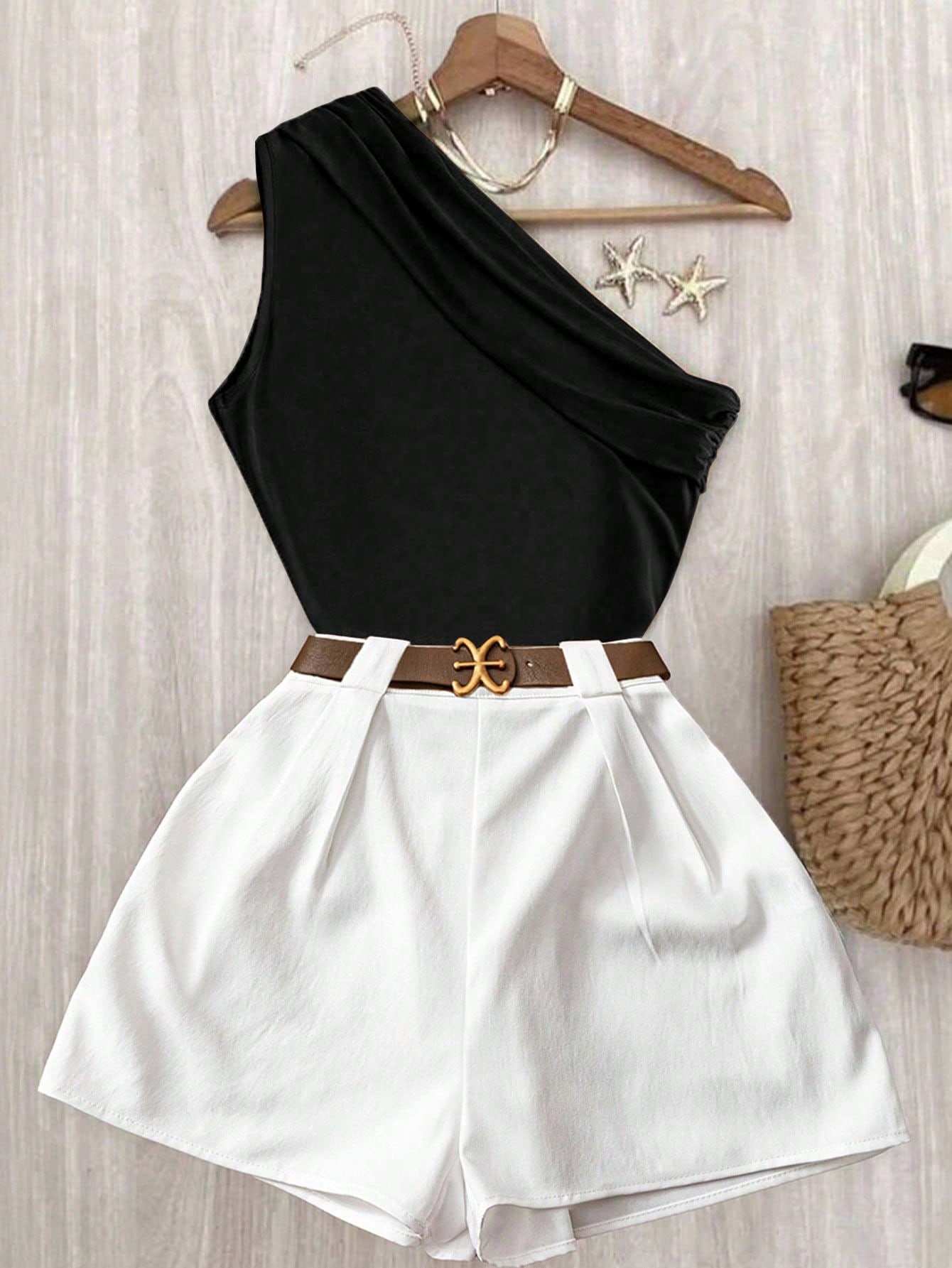 17555920092ae576c18e518006e726dda76bee9f4e.jpg EMERY ROSE Casual Chic Commuting High Elasticity Solid Brown Pleated Shoulder Top And White Elastic Waist Pants Set - Image 2