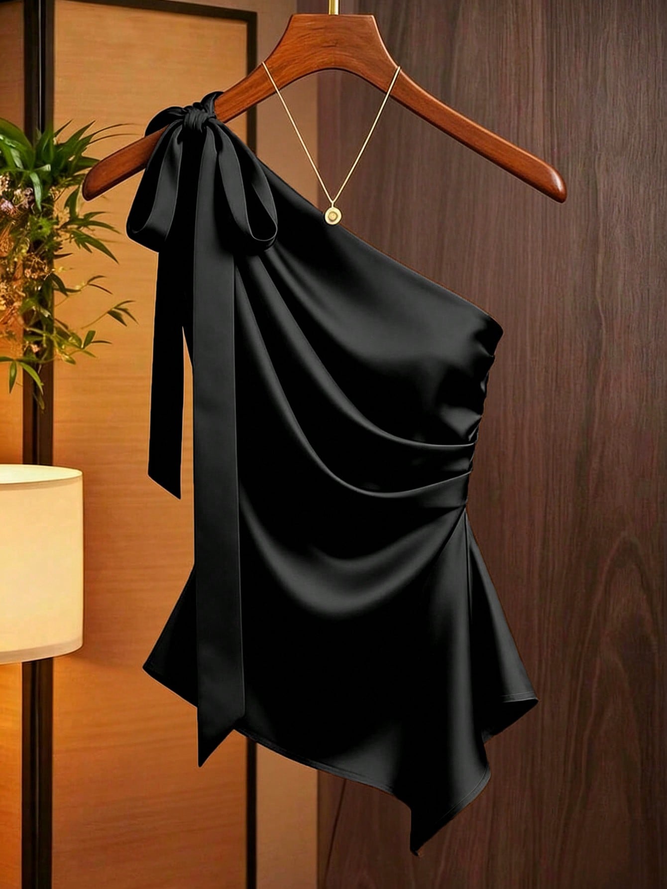 1775798336c9904a3f9bd3b940244faf1cdb203d10.jpg Franclia Women's Coffee Brown Satin Asymmetric One Shoulder Bow Decor Blouse,Elegant Ruched Silk Top For Date,Winter Draped Fitted Casual Work Wear Top - Image 2