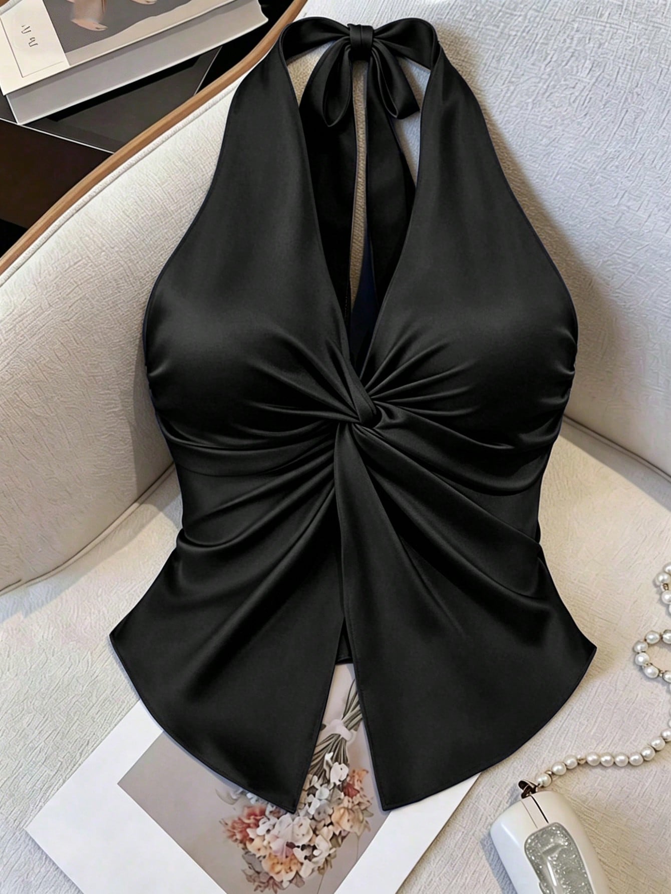 1778515378eff6e80049d2508c3e6e962c4ece76f2.jpg GlowEve Women's Fashion Elegant Seductive Champagne Halter Twist Asymmetrical Hem Slit Summer Knit Camisole,Stretchy For Night Out,Party,Date,Wedding,Casual - Image 2