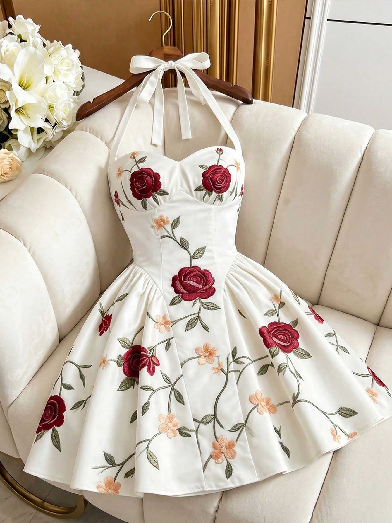 1779699648d1b1033acbd60ce0e2bbc5e8ae357c08.jpg GlowEve Women's Halter Neck Tie Waist A-Line Short Dress,White Floral,Summer,Casual,Party,Picnic,Rose Pattern Sleeveless Elegant Wedding Guest Midi Dress - Image 2