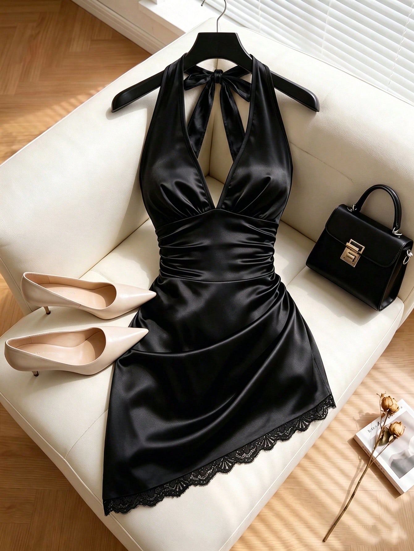 1781254889da852634398157569515baced3dde896.jpg GlowEve Black Halter Neck Deep V-Neck Dress, High Waist Ruched Lace Trim Fitted Bodycon Mini Dress, French Sexy Hot Girl Style, Suitable For Date, Party, Nightclub, Semi-Formal Occasions, Spring/Summer Slimming Fit - Image 2
