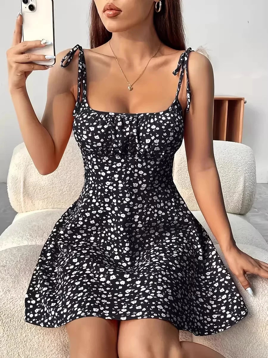 img_alibaba_1780939046.jpeg Floral Print Ruffle Dress — Spaghetti Strap A-Line - Image 2
