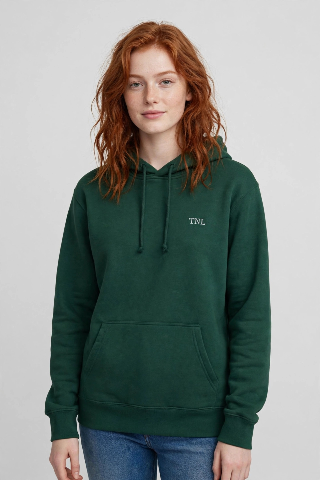 TNL Classic Hoodie in forest green on model