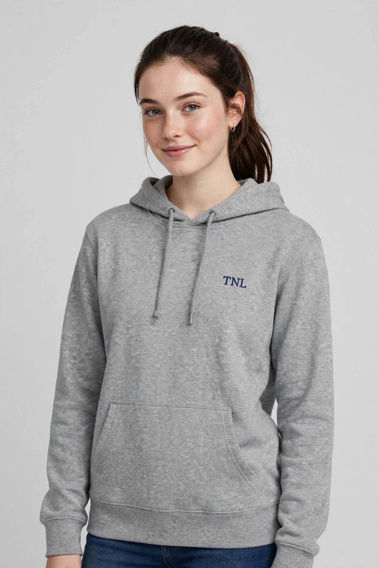 TNL Classic Hoodie in heather grey on model
