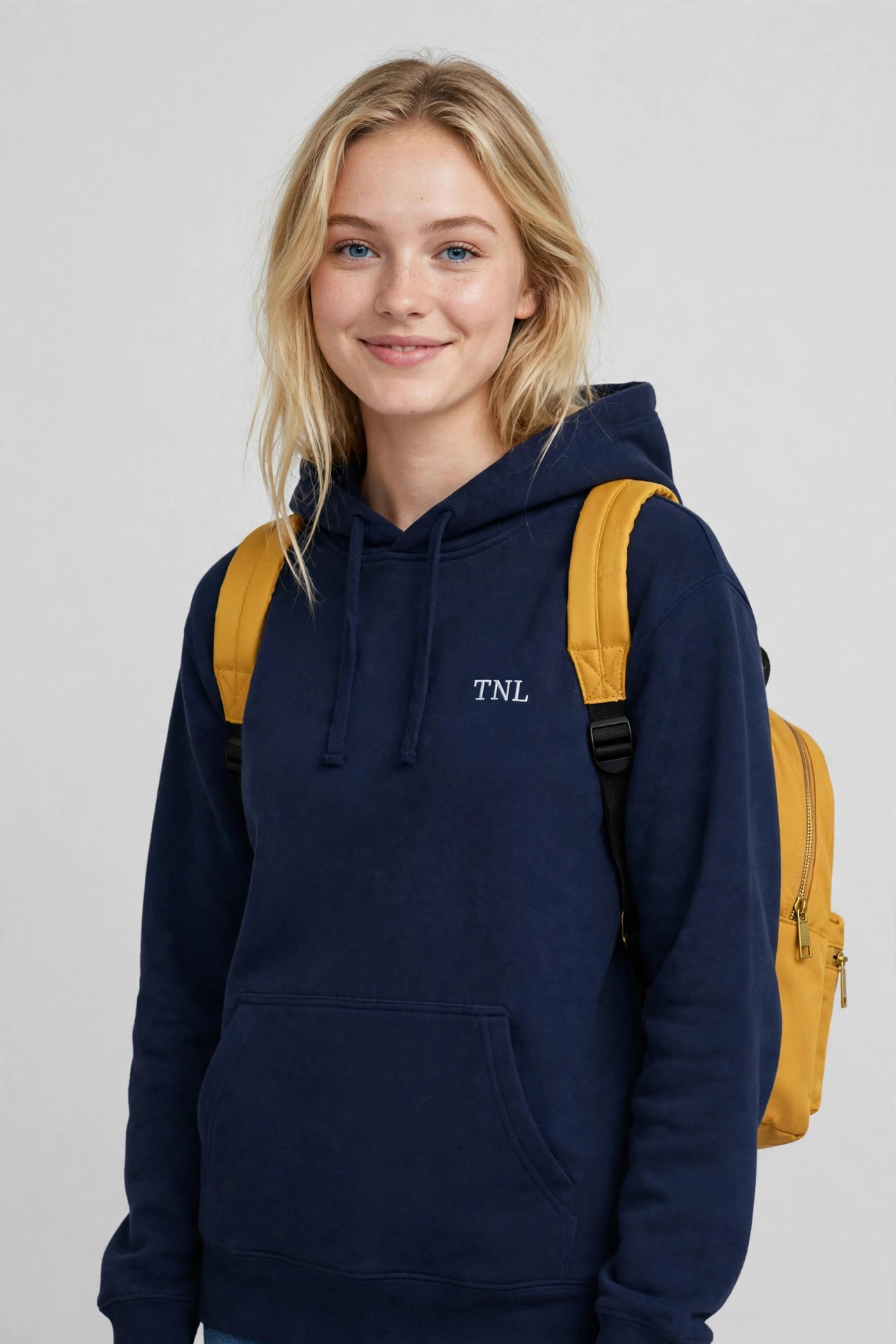 Model wearing the TNL Mini Backpack in mustard